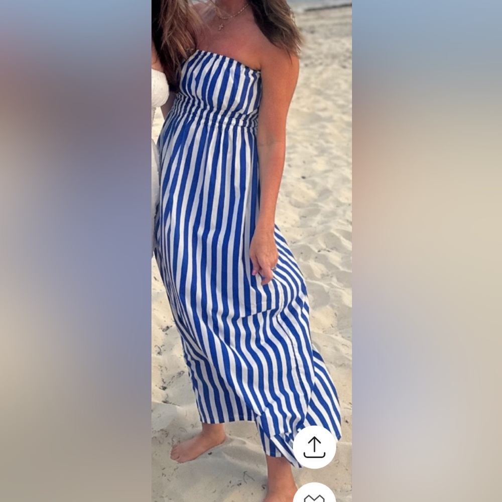 Faithfull The Brand Strapless Blue and White Midi Dress